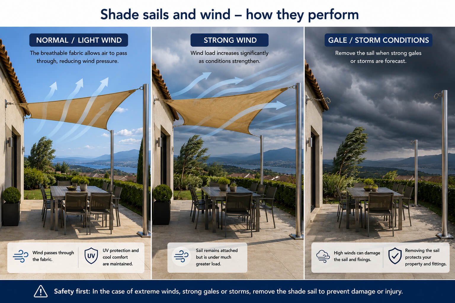 Shade sails in wind and bad weather: tension, anchoring and installation
